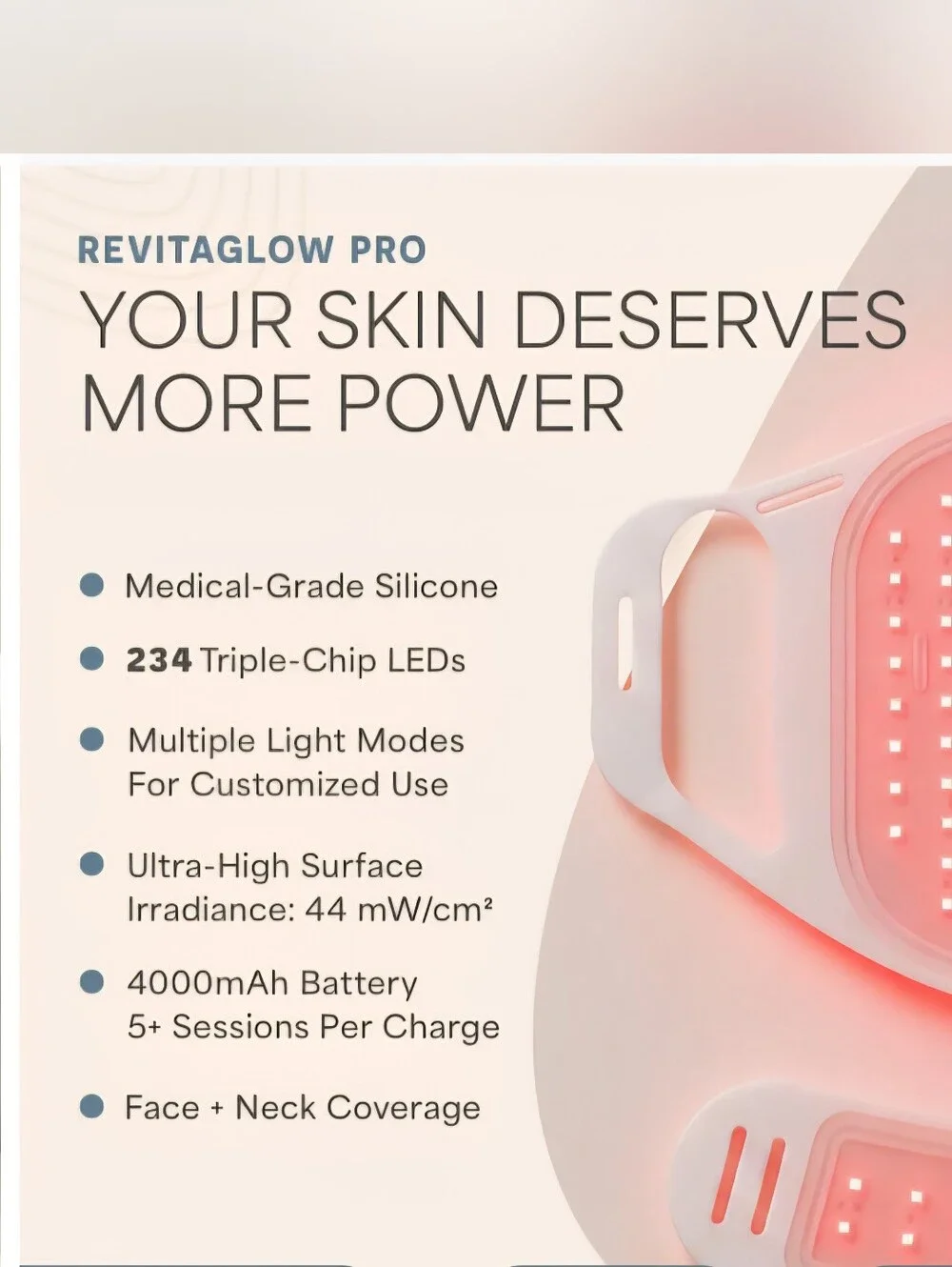 NEW Lifepro RevitaGlow Pro LED Red Light Therapy Mask Silicone For Face and Neck